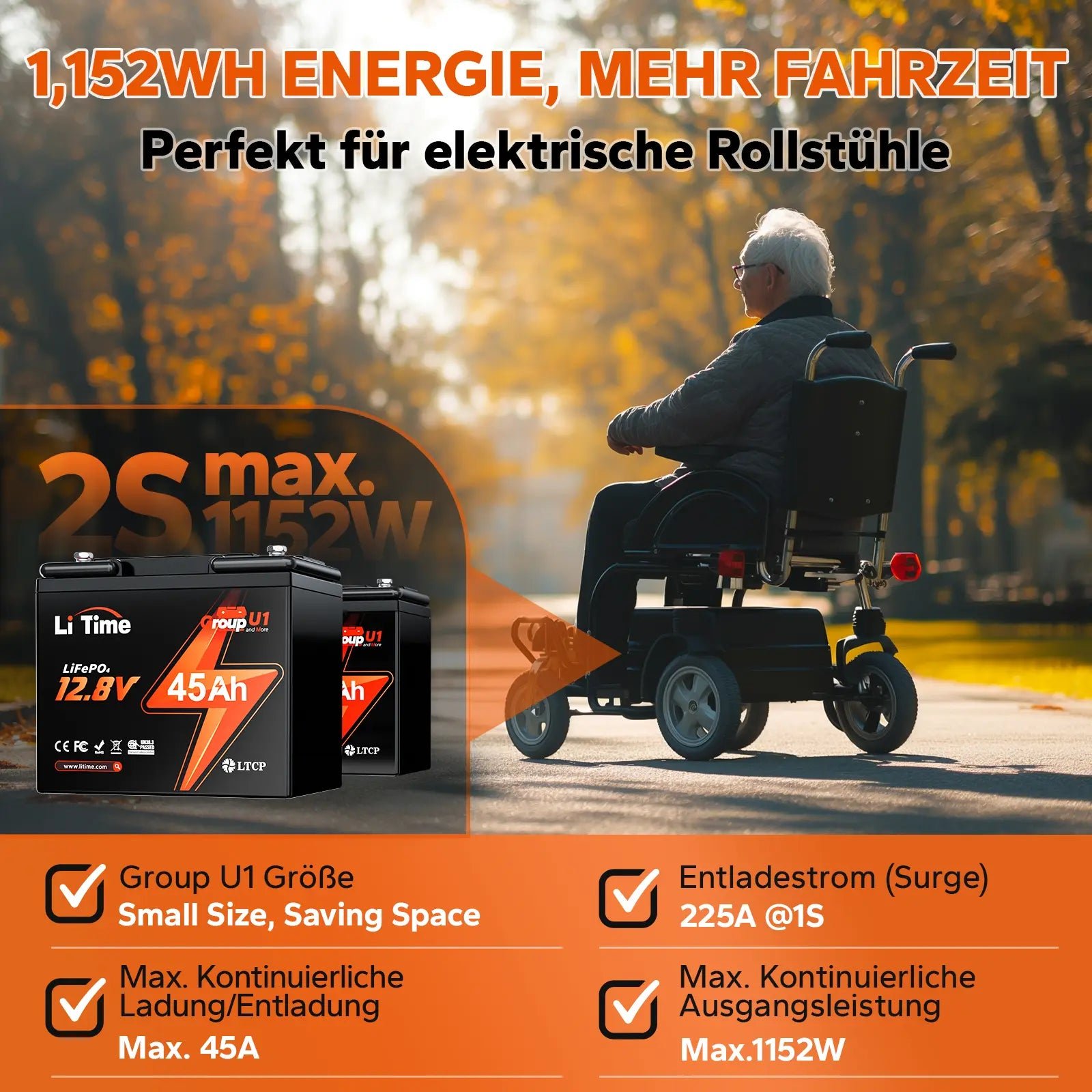 LiTime 12V 45Ah Group U1 Deep Cycle Lithium-Batterie Rollstuhl und