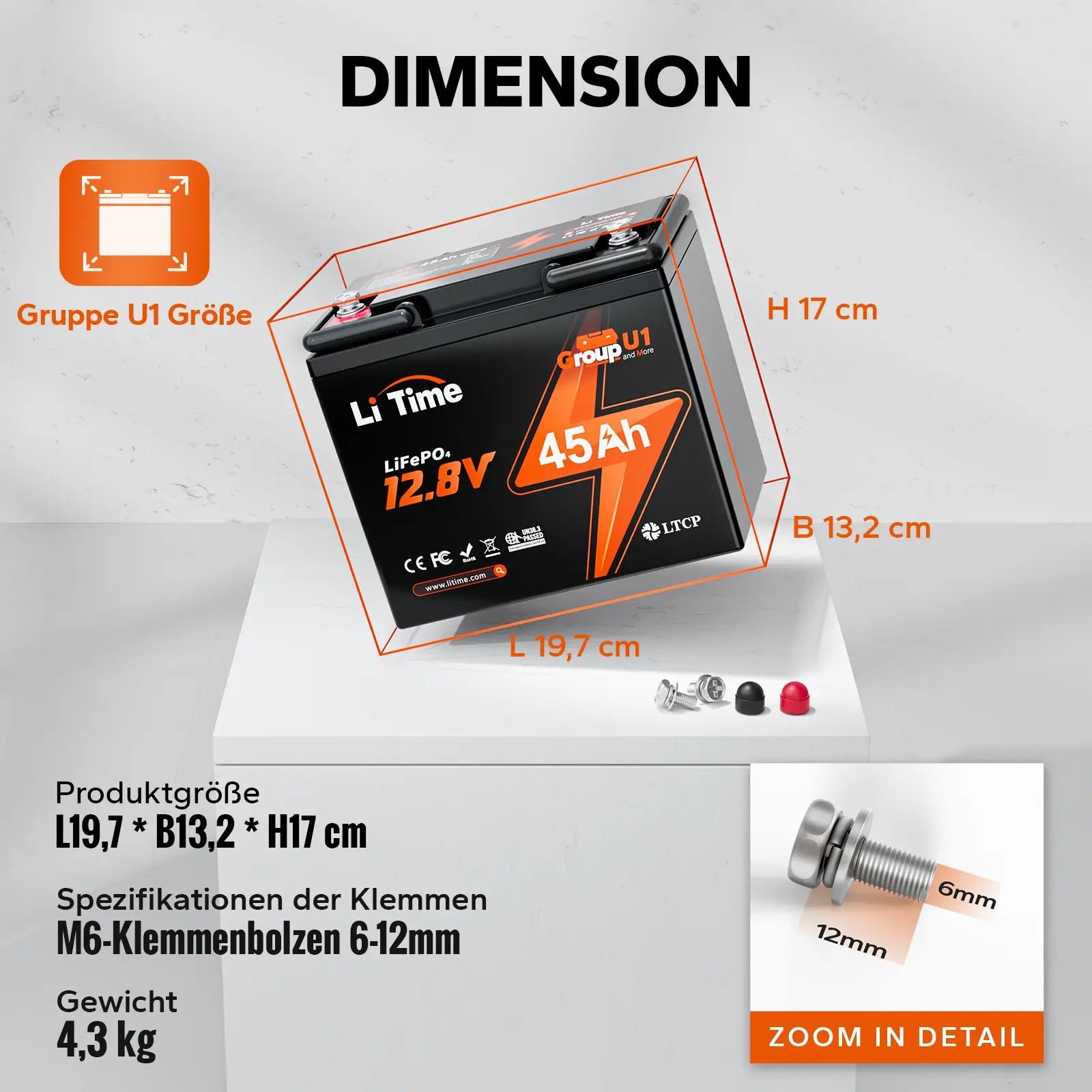 LiTime 12V 45Ah Group U1 Deep Cycle Lithium-Batterie Rollstuhl und