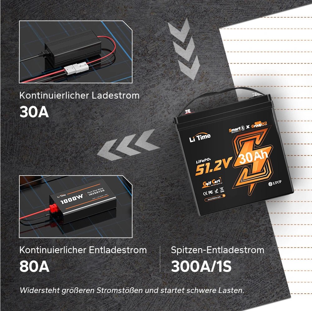 LiTime 48V 30Ah GC2 Bluetooth Lithium Batterie – LiFePO4 mit 100A BMS