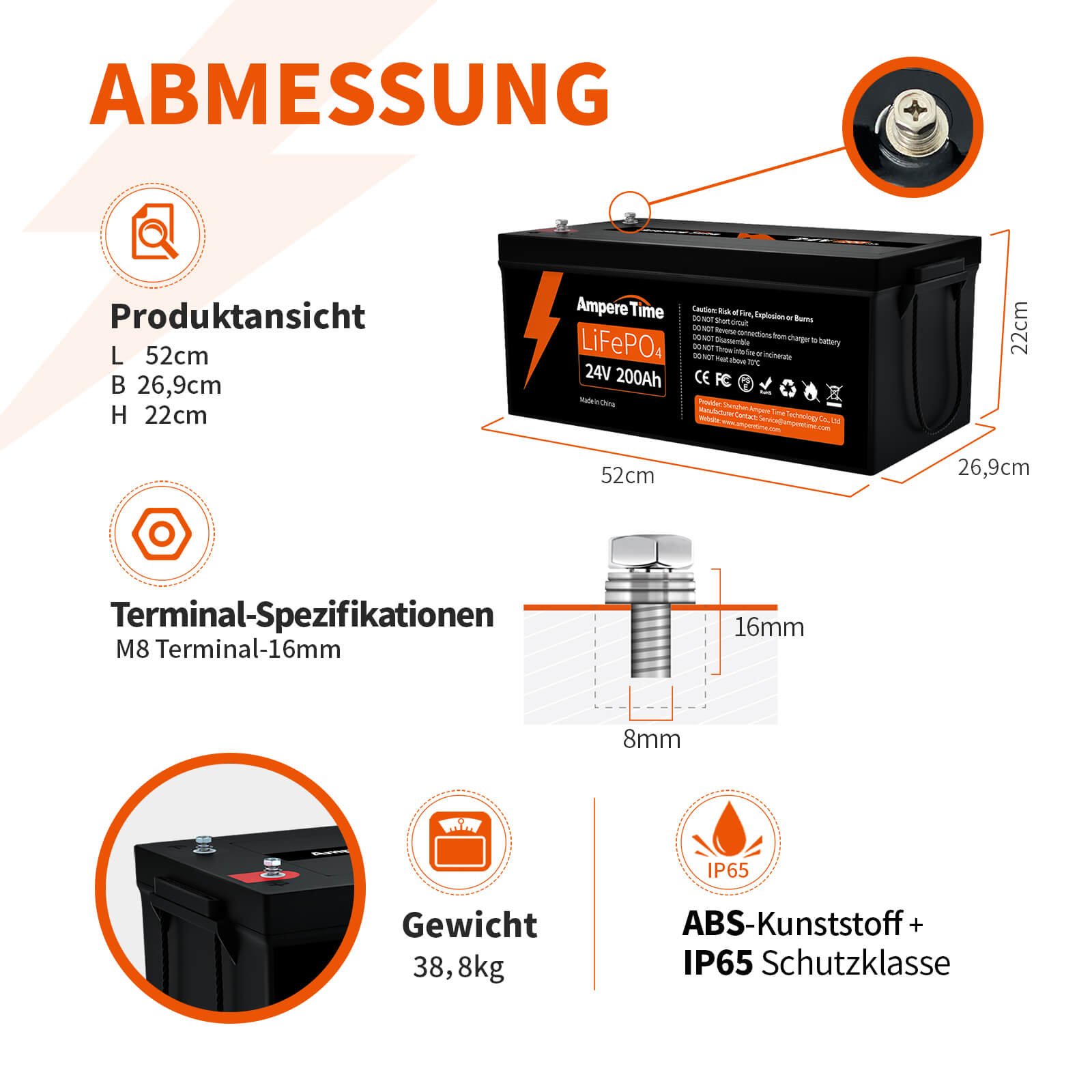 Ampere Time 24V 200Ah 5.12kWh Tiefzyklus LiFePO4 Batterie mit längerer