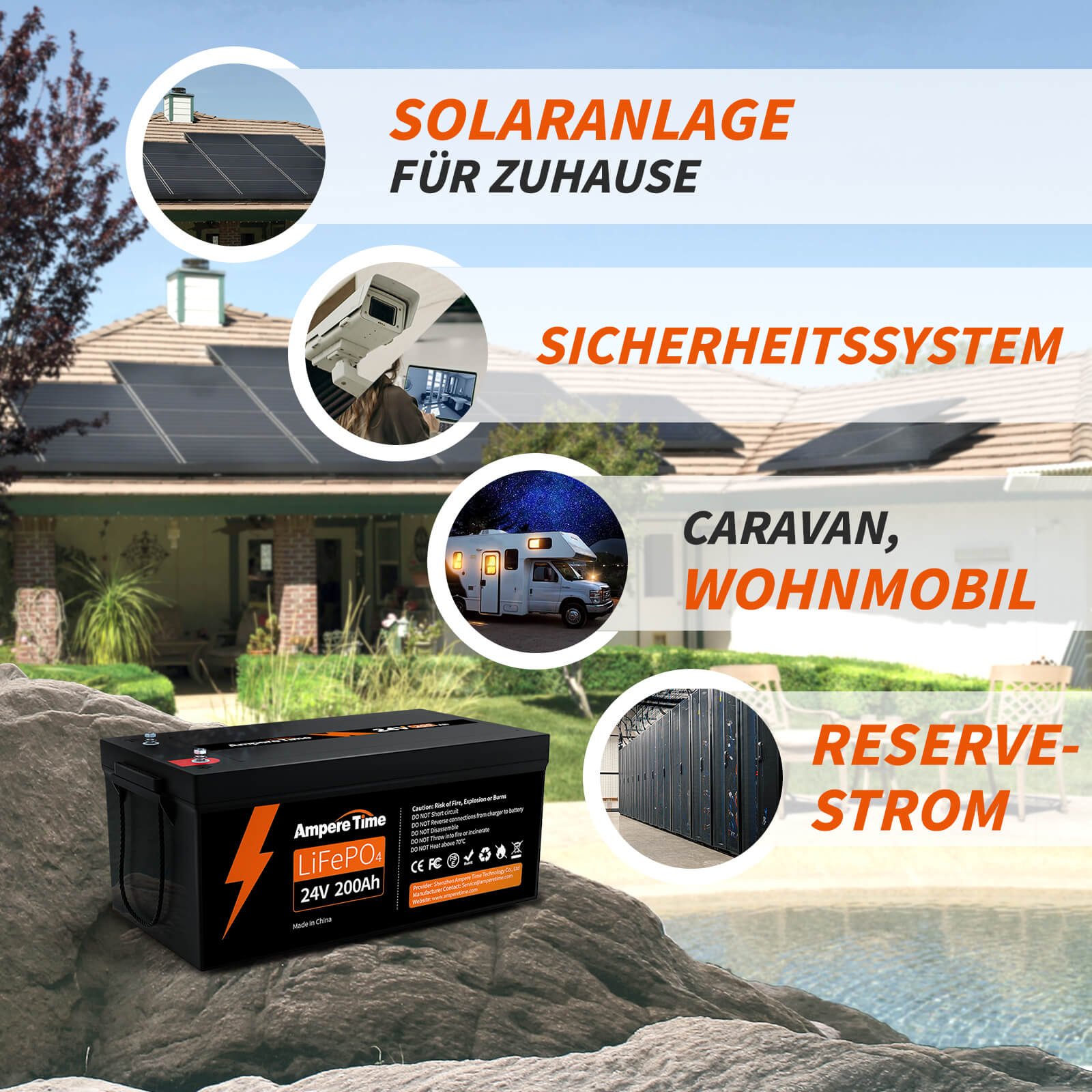 Ampere Time 24V 200Ah 5.12kWh Tiefzyklus LiFePO4 Batterie mit längerer