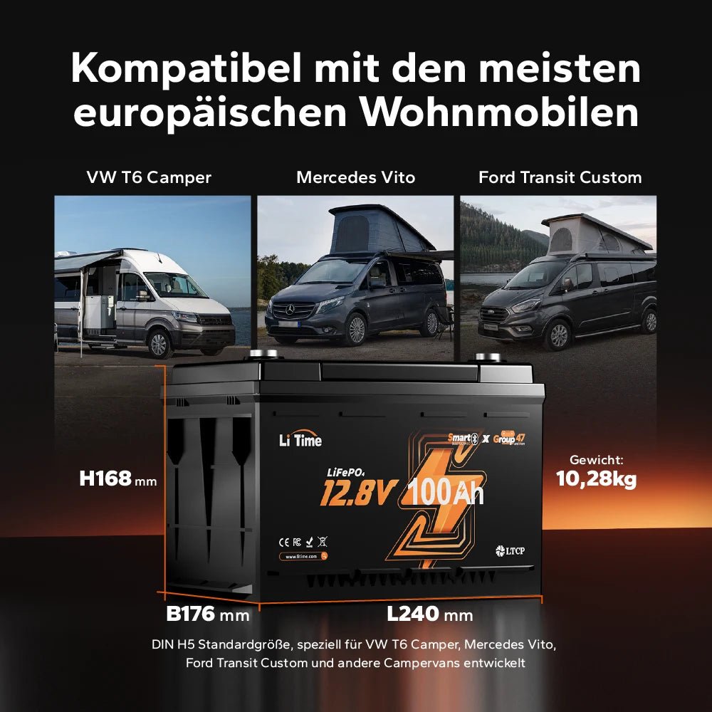 12V 100Ah LiFePO4 Batterie H168 mit Bluetooth – ultraflach für