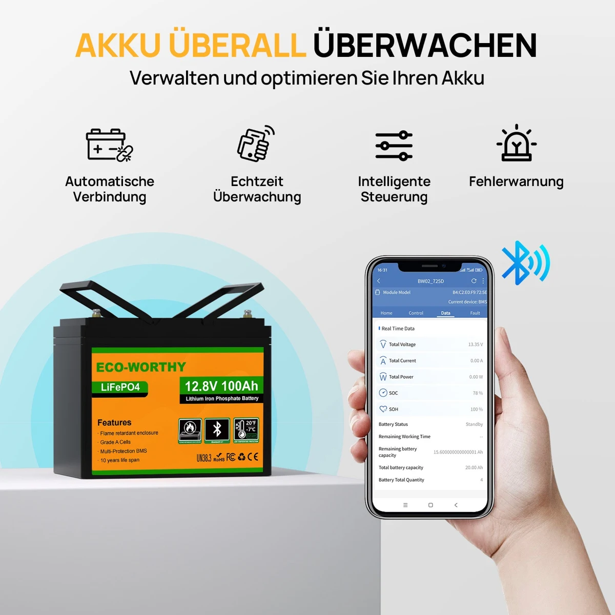 ECO-WORTHY 12V 100Ah Bluetooth LiFePO4 Battery - 12V 100Ah Bluetooth LiFePO4 Battery