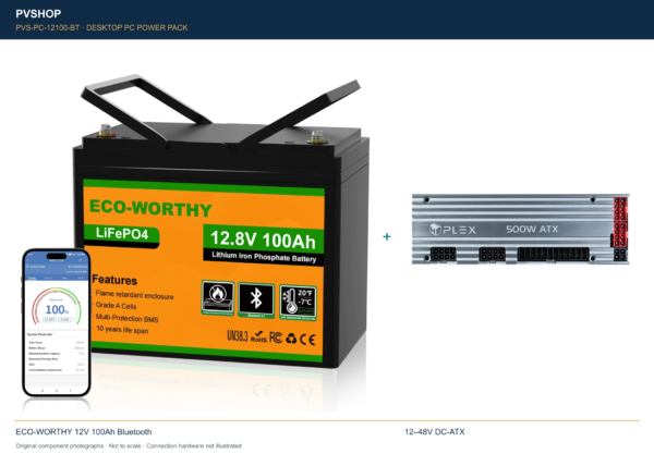 Desktop PC battery pack 12V 100Ah – Bluetooth + DC-ATX — original battery and DC-ATX product photographs together, not to scale