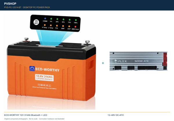 Desktop PC battery pack 12V 314Ah – Bluetooth + DC-ATX — original battery and DC-ATX product photographs together, not to scale