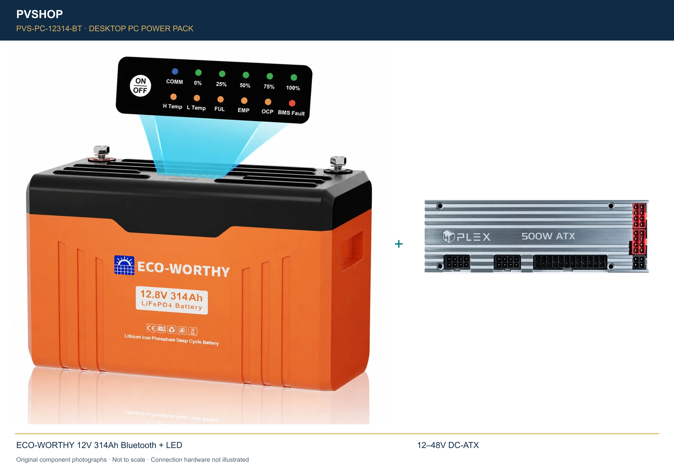 Desktop PC battery pack 12V 314Ah – Bluetooth + DC-ATX — original battery and DC-ATX product photographs together, not to scale