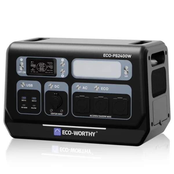 ECO-WORTHY ECO-PS2400W 2400W 2048Wh power station front panel: LCD, LED light, USB-A, USB-C, DC and 3 AC outlets