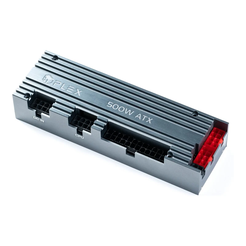 PVShop 500W DC-ATX power supply, 12–48V DC – angled view of the fanless heatsink body
