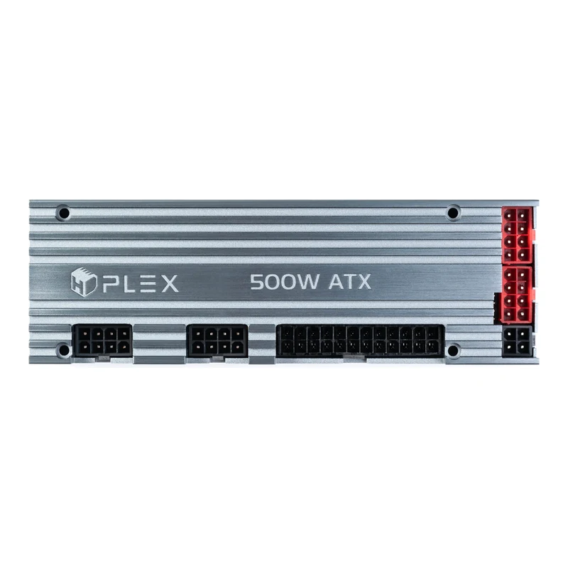 PVShop 500W DC-ATX power supply, 12–48V DC – front view with DC input, CPU EPS, 24-pin ATX and PCIe connectors