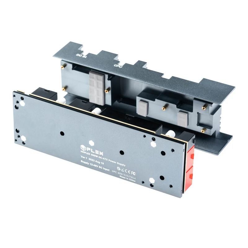PVShop 500W DC-ATX power supply, 12–48V DC – underside with the model and certification label